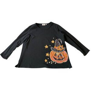 Quacker Factory Halloween Black Tunic Long Sleeve Pumpkin Sequin Top 2X
